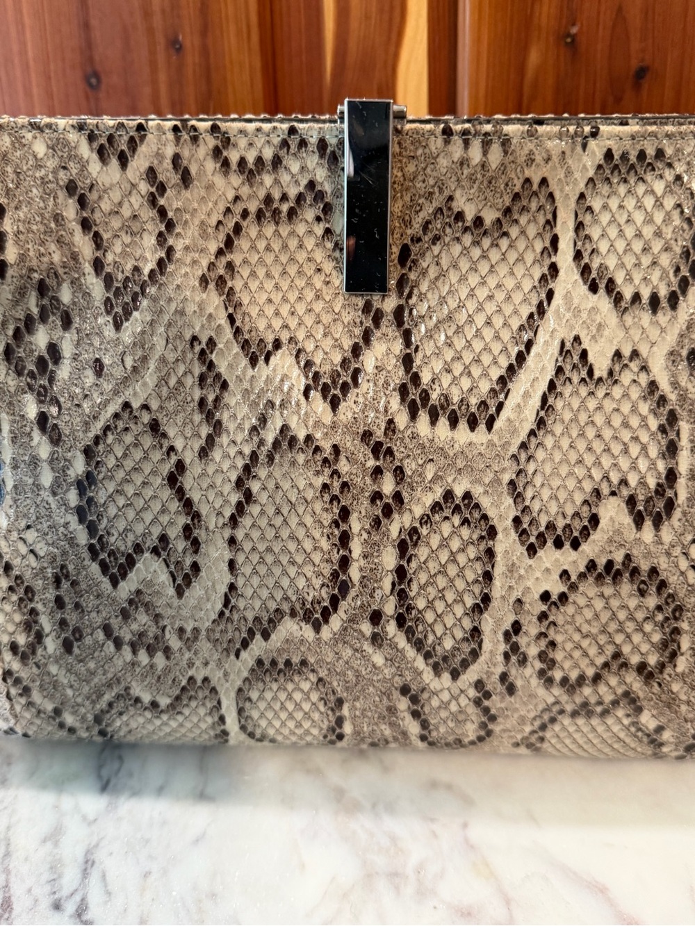 The Limited Beige Snake-Print Clutch - Picture 2 of 15